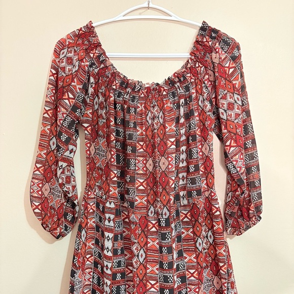 BB Dakota Red and Black Tribal Print Ruffled Trim Sundress w Smock Elastic Waist - Picture 2 of 16